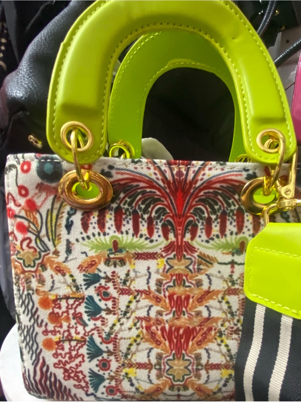 Neon Lime Handle Printed Tote Bag